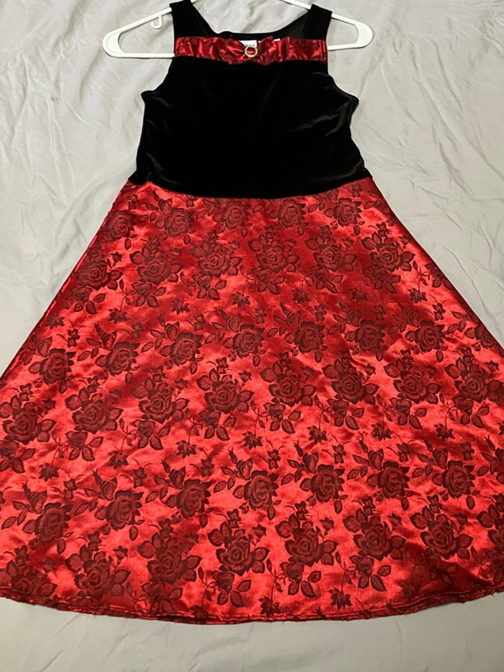 George Black Velvet Bodice Red Floral Satin Skirt Dress